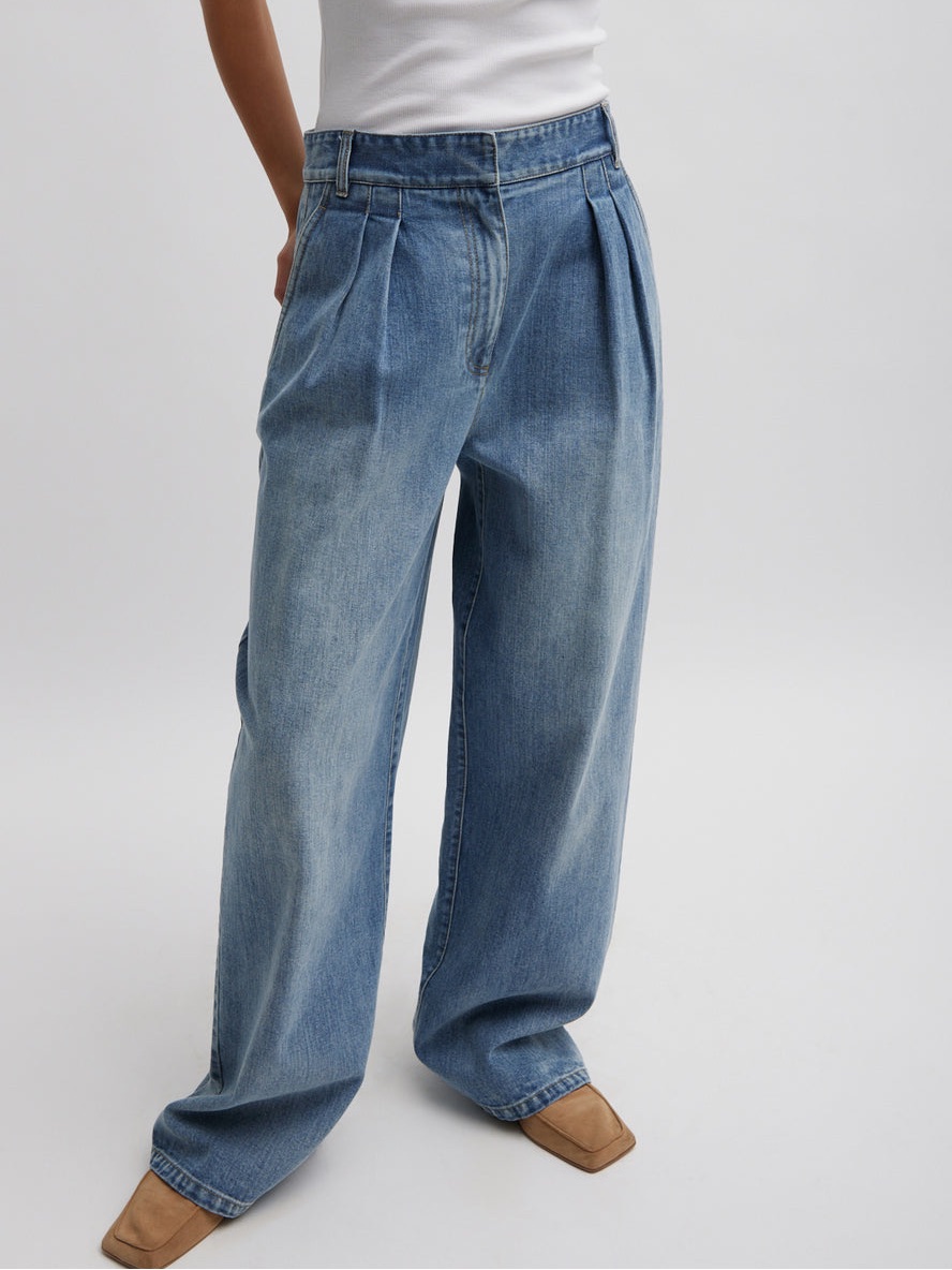 Tibi Wide-Leg High-Waist Denim In Medium Blue Size Xs